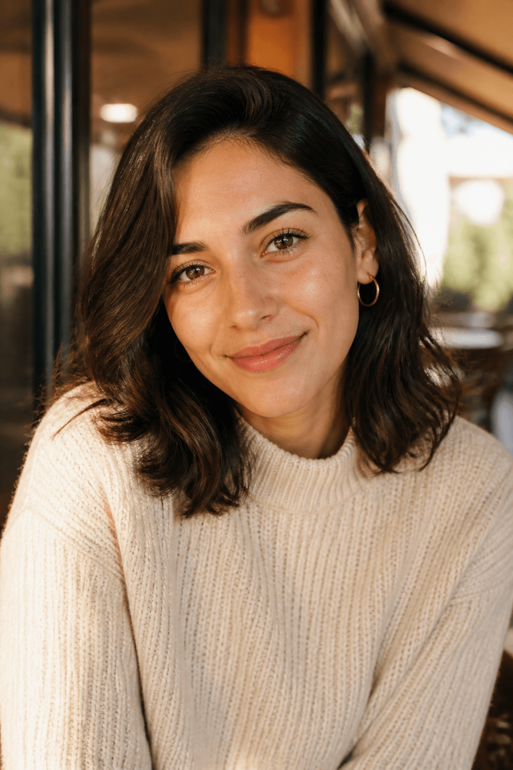 Maya smiling at a cafe
