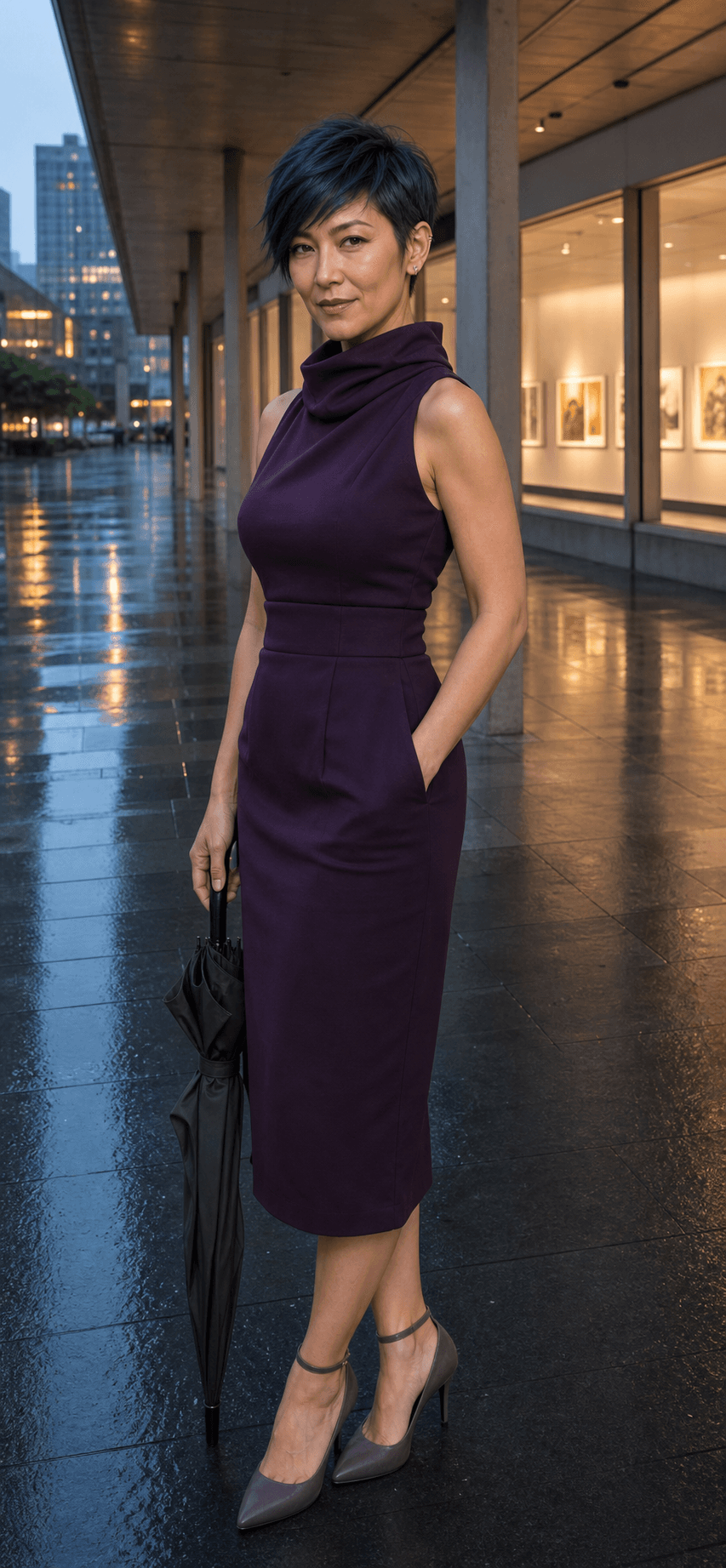 Yuting wearing an aubergine dress in a rain-polished Taipei cultural plaza